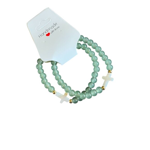 Charmze Stackable Stretch Faith Glass Beads Green Bracelet Set NEW - Picture 2 of 3